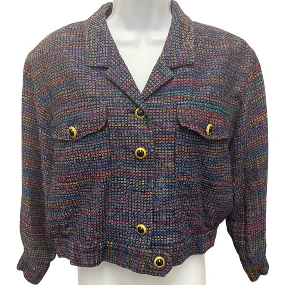 Doncaster Jackets & Blazers - VTG Doncaster Womens XL Silk Tweed Cropped Jacket Rainbow button boxy Black